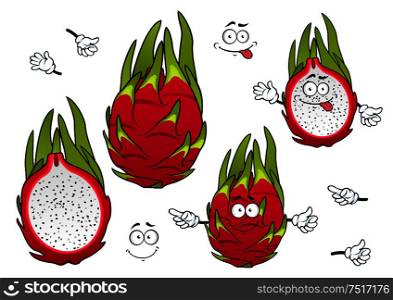 Whole and halved exotic pitaya fruits cartoon characters with vivid magenta peel, covered green spiky leaves with joyful smiling faces. Tropical cocktail menu, agriculture, vegetarian recipe design usage. Vivid exotic pitaya fruits cartoon characters