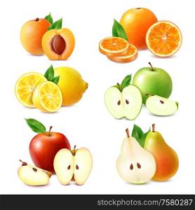 Whole and sliced fruits colored set of orange lemon apple peach pear isolated on white background realistic vector illustration