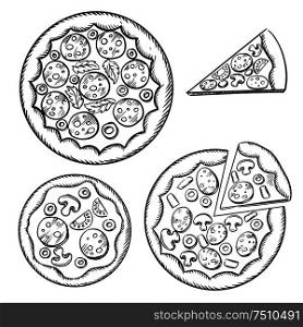 Whole and sliced italian pizza sketches with different toppings, such as cheese, pepperoni, salami, mushrooms, tomatoes, olives and parsley. Italian pizza sketches with different topping