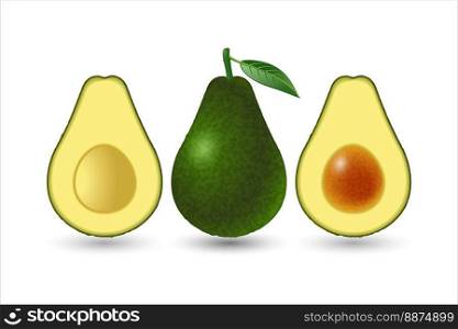 Whole avocado with leaf and half with seed isolated on white background. Vector illustration.