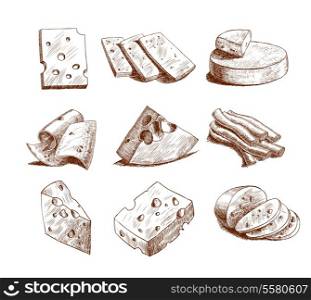 Whole cheese blocks and slices assortment doodle food icons set vector illustration
