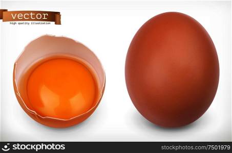 Whole chicken egg and broken egg with yolk. 3d realistic vector icon set