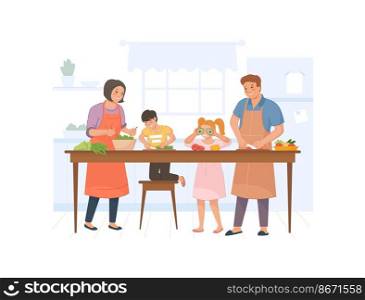 Whole family prepares salad. Cooking together, cook food healthy at kitchen, eating dinner, home vegetable meal, eat at culinary table, vector illustration isolated on white background. Whole family prepares salad. Cooking together, cook food healthy at kitchen, eating dinner, home vegetable meal, eat at culinary table, vector illustration