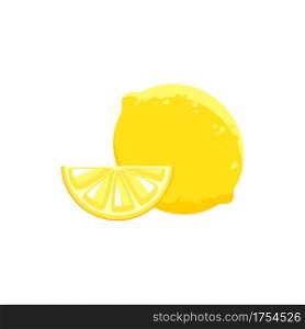 Whole lemon and cut piece of yellow citrus isolated realistic icon. Vector juicy lemon, tropical citron, ripe sour fruit in zest, organic exotic lemonade and tea ingredient. Refreshing summer food. Lemon citrus whole and cut isolated citrus fruit