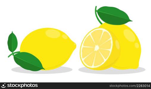 whole lemon with piece of citrus. Lemon with chopped zest and leaves. Color vector in cartoon style isolated on white background