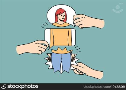 Whole picture and individuality concept. Human hands holding pieces of various shapes of one young woman picture vector illustration. Whole picture and individuality concept.
