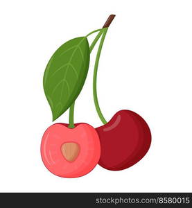 Whole red cherry with green leaf isolated on white background. Flat vector illustration.. Whole red cherry with green leaf isolated on white background. Flat vector illustration