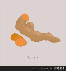 Whole turmeric root and sliced on a gray background. Turmeric is fragrant spices, seasoning for food.. Whole turmeric root and sliced on a gray background.