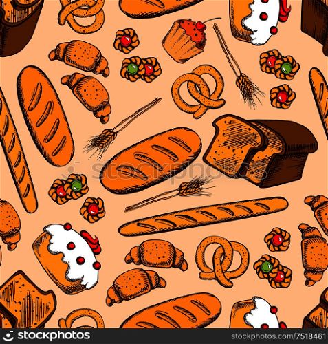 Wholemeal bread, cake, cupcake, baguette, wheat long loaf, croissant, jelly cookie and salted pretzel seamless pattern on peach background with wheat ears. Bakery and pastry shop food packaging design. Bread and sweet pasty seamless pattern