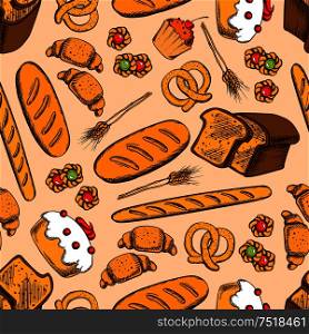 Wholemeal bread, cake, cupcake, baguette, wheat long loaf, croissant, jelly cookie and salted pretzel seamless pattern on peach background with wheat ears. Bakery and pastry shop food packaging design. Bread and sweet pasty seamless pattern