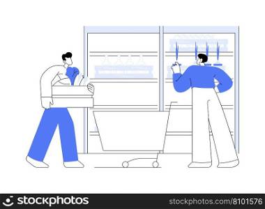Wholesale product range abstract concept vector illustration. Person with a trolley select goods in a wholesale store, warehousing idea, foreign trade, cash and carry abstract metaphor.. Wholesale product range abstract concept vector illustration.