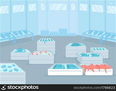 Wholesale seafood facility flat color vector illustration. Fresh and frozen seafood distribution. Containers, freezers with shrimp, octopus and fish 2D cartoon interior with warehouse on background. Wholesale seafood facility flat color vector illustration