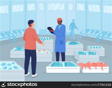 Wholesale seafood market flat color vector illustration. Ordering fresh products for restaurants and businesses. Supplier and wholesaler 2D cartoon characters with frozen fish on background. Wholesale seafood market flat color vector illustration
