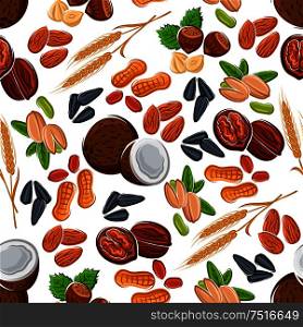 Wholesome nuts and seeds, legumes and cereal seamless pattern of almonds and hazelnuts, peanuts and pistachios, coconuts and walnuts, wheat ears and sunflower seeds. Nuts, seeds, legumes and cereal pattern