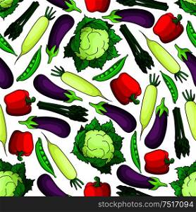 Wholesome organic fresh vegetables seamless pattern for agriculture harvest or vegetarian food design with glossy violet eggplants, sweet peas, red bell peppers, bunches of asparagus, ripe cauliflowers and daikon radishes on white background. Seamless organic fresh vegetables pattern