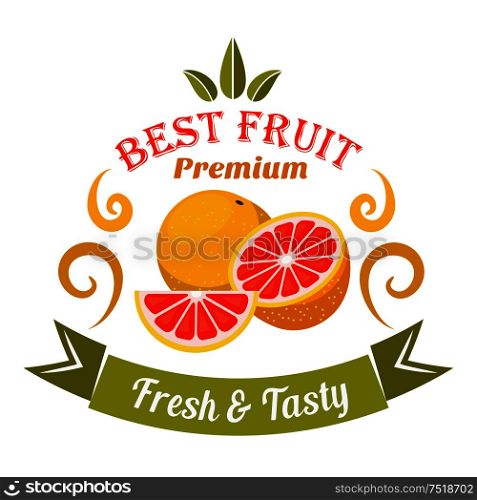Wholesome ripe grapefruit fruits badge framed by orange swirls and curved ribbon banner with caption Fresh and Tasty. Retro stylized fruits icon for organic shop symbol and food packaging design usage. Grapefruit fruits badge for organic farming design