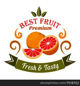 Wholesome ripe grapefruit fruits badge framed by orange swirls and curved ribbon banner with caption Fresh and Tasty. Retro stylized fruits icon for organic shop symbol and food packaging design usage. Grapefruit fruits badge for organic farming design