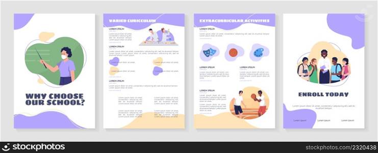 Why choose our school flat vector brochure template. Booklet, leaflet printable flat color designs. Simple magazine page, reports kit with text space. Sigmar One, Balsamiq Sans, Comfortaa fonts used. Why choose our school flat vector brochure template