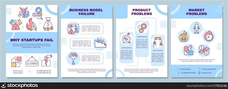 Why startups fail brochure template. Business model, product problem. Flyer, booklet, leaflet print, cover design with linear icons. Vector layout for presentation, annual reports, advertisement pages. Why startups fail brochure template