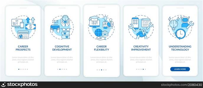 Why to learn to code blue onboarding mobile app screen. Coder walkthrough 5 steps graphic instructions pages with linear concepts. UI, UX, GUI template. Myriad Pro-Bold, Regular fonts used. Why to learn to code blue onboarding mobile app screen