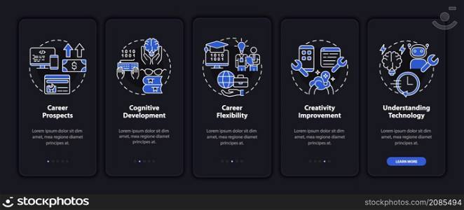 Why to learn to code night mode onboarding mobile app screen. Study walkthrough 5 steps graphic instructions pages with linear concepts. UI, UX, GUI template. Myriad Pro-Bold, Regular fonts used. Why to learn to code night mode onboarding mobile app screen