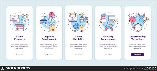 Why to learn to code onboarding mobile app screen. Education walkthrough 5 steps graphic instructions pages with linear concepts. UI, UX, GUI template. Myriad Pro-Bold, Regular fonts used. Why to learn to code onboarding mobile app screen