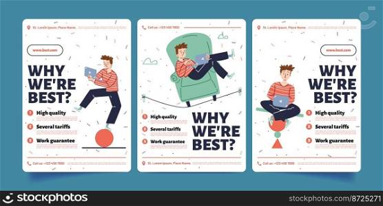 Why we are the best banners, freelancer man balancing with laptop in hands. Home office and freelance distant work advantages, guarantees and tariffs for clients choice, Linear vector illustration. Why we are the best banners, balance with laptop