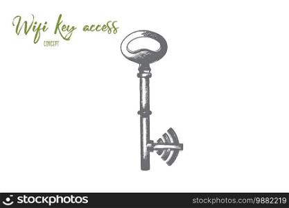 Wi-fi key access concept. Hand drawn key as symbol of password for wi-fi network. Protection of wireless isolated vector illustration.. Wi-fi key access concept. Hand drawn isolated vector.