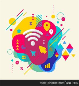 Wi fi on abstract colorful spotted background with different elements. Flat design.