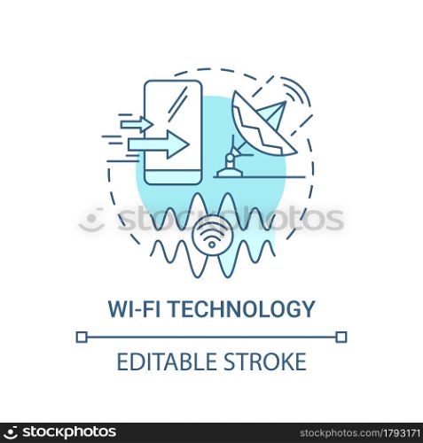 Wi-fi technology blue concept icon. Local area network abstract idea thin line illustration. Network protocols. Radio signal technology. Vector isolated outline color drawing. Editable stroke. Wi-fi technology blue concept icon