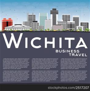 Wichita Skyline with Gray Buildings, Blue Sky and Copy Space. Vector Illustration. Business Travel and Tourism Concept with Modern Architecture. Image for Presentation Banner Placard and Web Site.