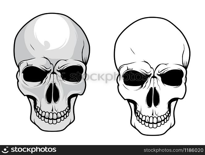 Wicked human skulls with dark eye sockets and cracked teeth in cartoon and sketch style. Great for tattoo, embellishment or t-shirt print design