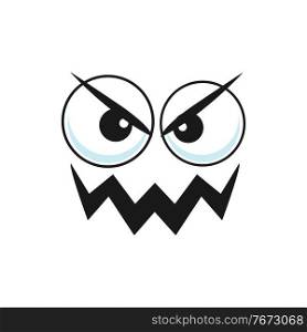 Wicked popped-eyed smiley with curved mouth isolated cartoon character. Vector angry emoticon, evil facial expression, psychopath or maniac grumpy avatar. Mischievous demon, smiley in bad mood. Grumpy angry wicked emoticon isolated bad emoji