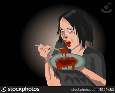 Wicked woman using a spoon to eat blood in a plate with black background.