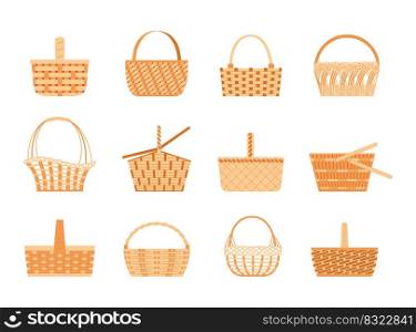 Wicker basket, easter straw h&er. Picnic pannier box with handles, empty container for food storage, natural organic craft shopper, wickerwork c&ing bags. Vector isolated objects with texture. Wicker basket, easter straw h&er. Picnic pannier box with handles, empty container for food storage, natural shopper, wickerwork c&ing bags. Vector isolated objects with texture
