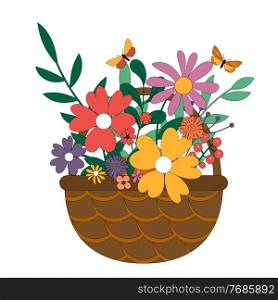 Wicker basket with a bouquet of flowers. Spring and Summer Icon. Wicker basket with a bouquet of flowers. Spring and Summer Icon. EPS10