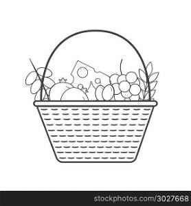 Wicker basket with fruits and dairy products icon in black flat outline design. Harvest Shavuot holiday concept.. Wicker basket with fruits and dairy products icon in black flat