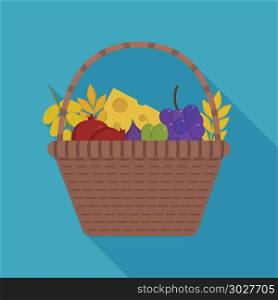 Wicker basket with fruits and dairy products icon in flat long shadow design. Harvest Shavuot holiday concept.. Wicker basket with fruits and dairy products icon in flat long s
