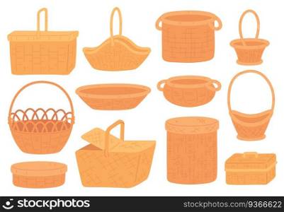 Wicker baskets. Empty straw basket for picnic, grocery or gift. Handmade round bamboo h&er and box. Trendy flat rattan basketry vector set. Illustration basket wicker handmade for picnic. Wicker baskets. Empty straw basket for picnic, grocery or gift. Handmade round bamboo h&er and box. Trendy flat rattan basketry vector set