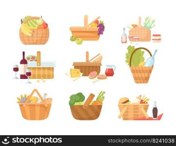 Wicker baskets with food cartoon illustration set. Various picnic baskets with wine, fruits, vegetables, hamburgers, fast food for family dinner or romantic date outdoor. Summer, food, weekend concept