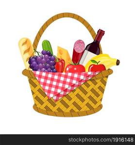 WIcker picnic basket with gingham blanket full of products. Bottle of wine, sausage, bacon, cheese, apple, tomato, cucumber. Vector illustration in flat style. WIcker picnic basket