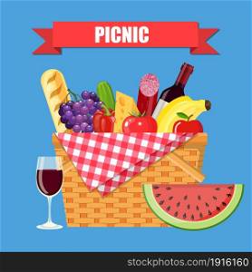 WIcker picnic basket with gingham blanket full of products. Bottle of wine, sausage, bacon, cheese, apple, tomato, cucumber. Vector illustration in flat style. WIcker picnic basket