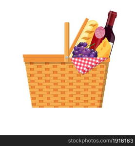 WIcker picnic basket with gingham blanket full of products. Bottle of wine, sausage, cheese. Vector illustration in flat style. WIcker picnic basket