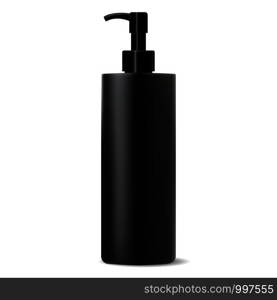 Wide Black cleanser dispenser pump bottle. High quality cosmetic package design template. Vector illustration. Shampoo conditioner highlight activating cosmetics.. Wide Black cleanser dispenser pump cosmetic bottle