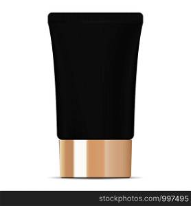 Wide black cosmetic cream tube with glossy golden lid. High quality mockup package. Cosmetic jar for cream, ointment, toothpaste, base, foundation. Vector illustration.. Wide black cosmetic cream tube with golden lid.