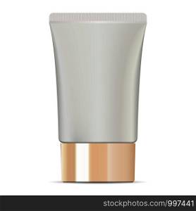 Wide cosmetic cream tube with glossy golden lid. High quality mockup package. Cosmetic jar for cream, ointment, toothpaste, base, foundation. Vector illustration.. Wide cosmetic cream tube with glossy golden lid.