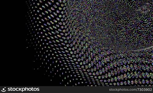 Wide format abstract background, optical illusion of gradient effect. Stipple effect. Rhythmic noise particles. Grain texture. Black background. Full HD wallpaper with colorful strokes. widescreen background, grain texture, vector abstract illustration
