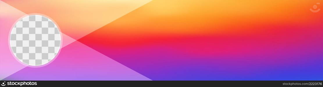 Wide gradient horizontal orange sunset banner template with a round transparent empty space to insert another picture. Vector illustration.. Wide gradient horizontal orange sunset banner template. Vector illustration