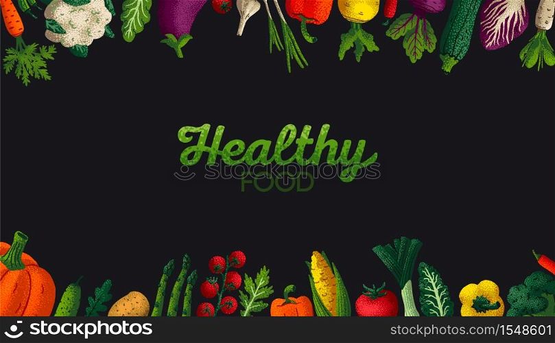Wide horizontal Healthy food background. Copy space. Variety of decorative vegetables with grain texture on dark background. Farmers market, Organic food poster, cover or banner design. Vector. Wide horizontal Healthy food background. Copy space. Variety of decorative vegetables with grain texture on dark background. Farmers market, Organic food poster, cover or banner design. Vector.