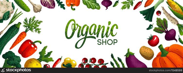 Wide horizontal organic shop background. Copy space. Variety of decorative vegetables with grain texture on white background. Farmers market, Organic food poster, cover or banner design. Vector. Wide horizontal organic shop background. Copy space. Variety of decorative vegetables with grain texture on white background. Farmers market, Organic food poster, cover or banner design. Vector.